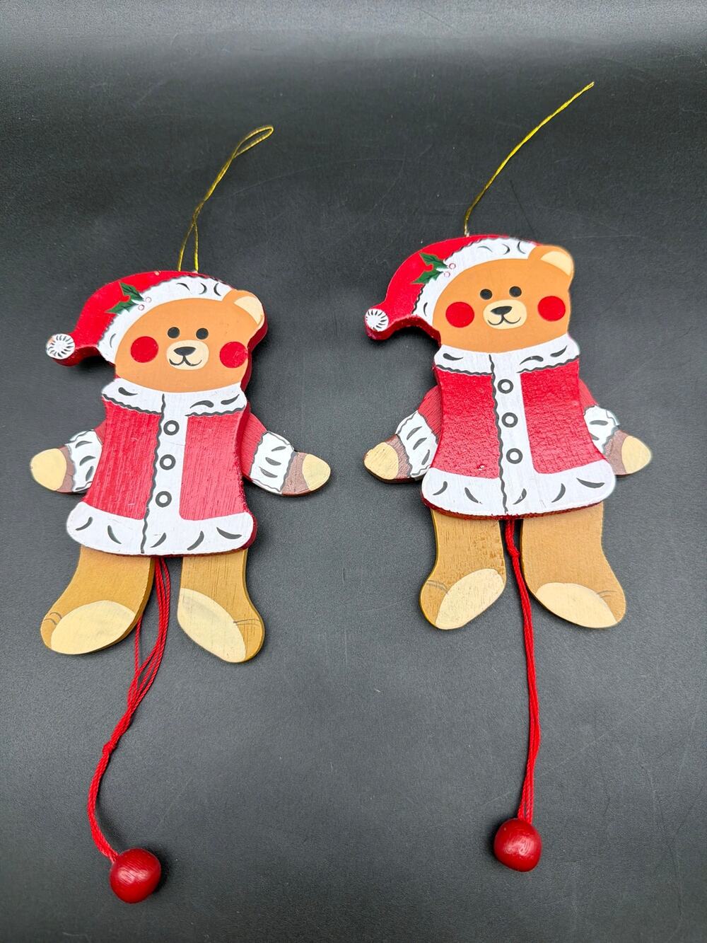 Vintage 1980s Jointed Wooden Teddy Bear Ornaments Set 2 Taiwan 5.5” Poseable